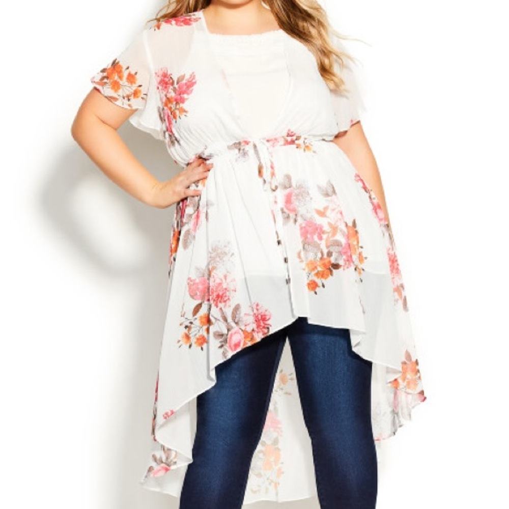 City Chic Floral Sheer Kimono Top - White and Pink
